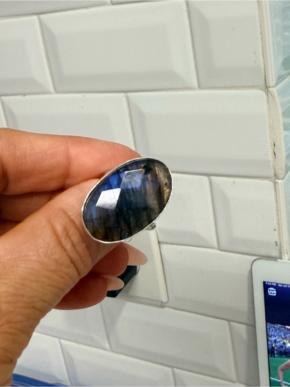 925 Sterling Silver Faceted Labradorite Oval Statement Ring - Gray Blue - Picture 4 of 6